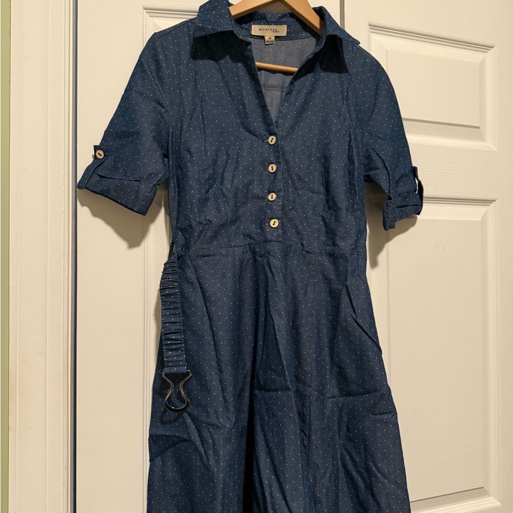 Monteau Blue Polka Dot Button-Up Dress‎